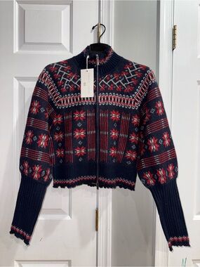 Viral Caroline Constas Fair Isle Zip Cardigan Blue & Red Small